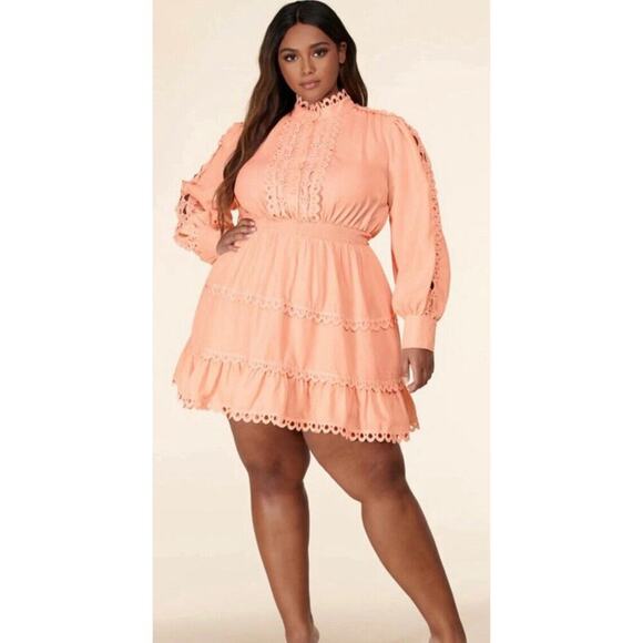 L'Atiste By Amy Womens Peach Pink Lace Trim Mini Dress Smocked Waist Sz 1X NWT - Picture 1 of 12